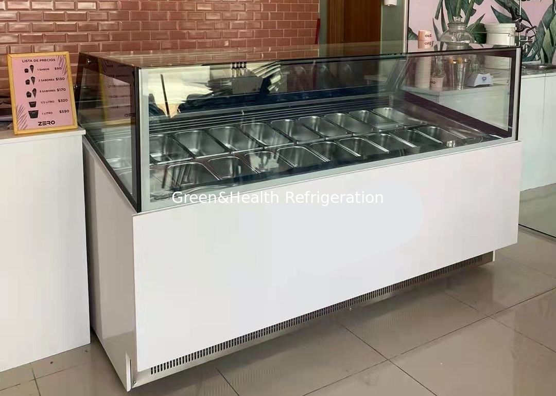Freezer Tampilan Es Krim Komersial dengan Kontrol Suhu Digital Visibilitas Panorama 360° dan Panci GN Baja Tahan Karat