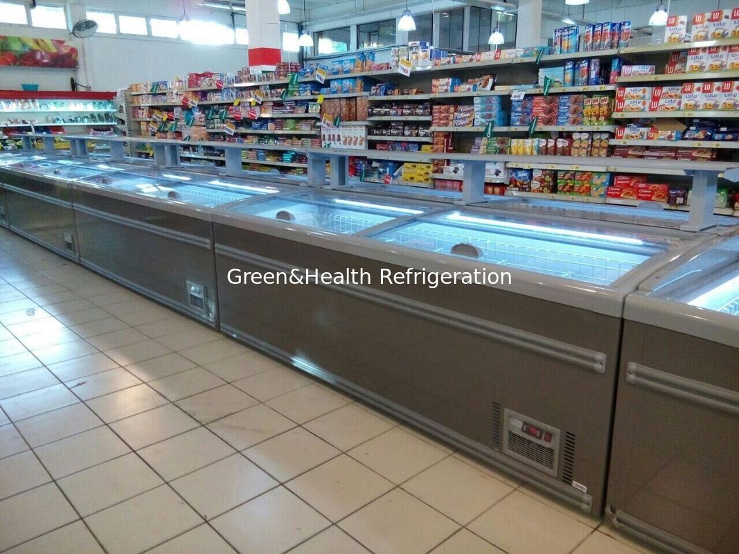 8 Ft Supermarket Besar Pulau Tampilan Pintu Kaca Geser Freezer Untuk Penyimpanan Ayam