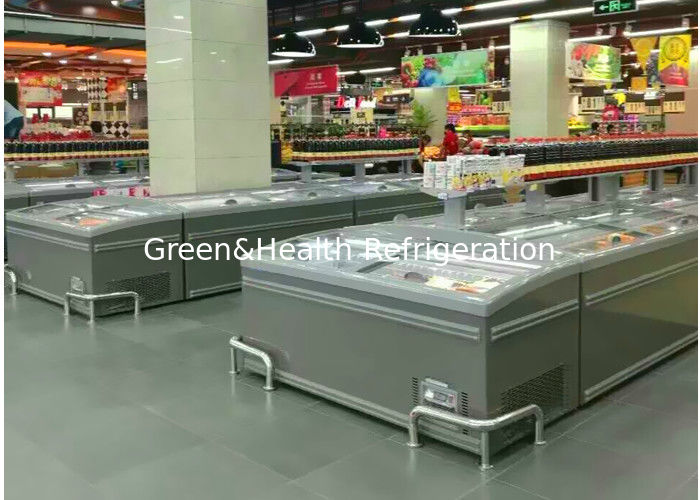 8 Ft Supermarket Besar Pulau Tampilan Pintu Kaca Geser Freezer Untuk Penyimpanan Ayam