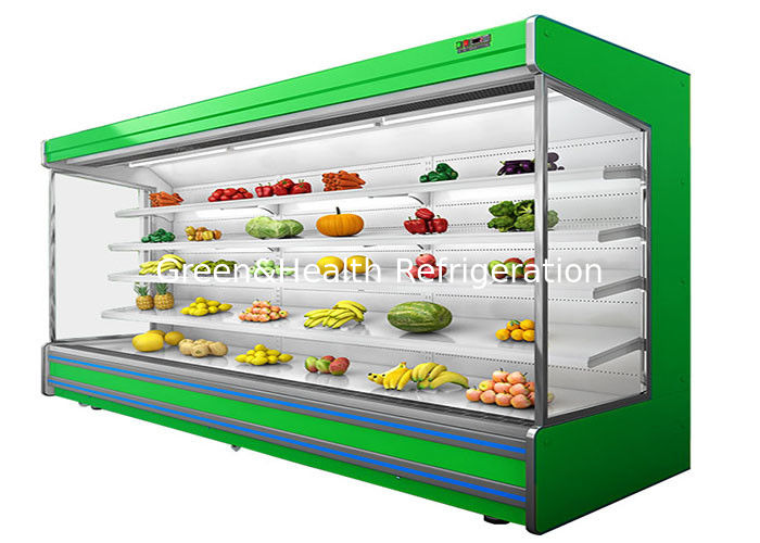 Chiller Multideck Terbuka Komersial 4 Tingkat yang Dapat Disesuaikan dengan Pendingin Kipas dan Tirai Malam untuk Supermarket