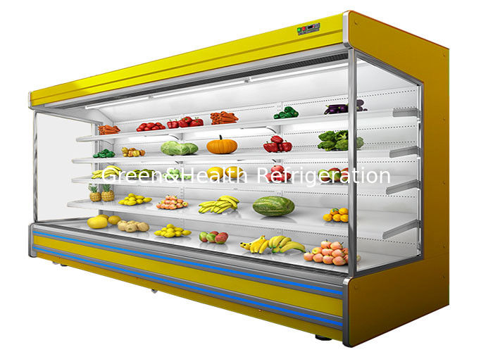 Chiller Multideck Terbuka Komersial 4 Tingkat yang Dapat Disesuaikan dengan Pendingin Kipas dan Tirai Malam untuk Supermarket