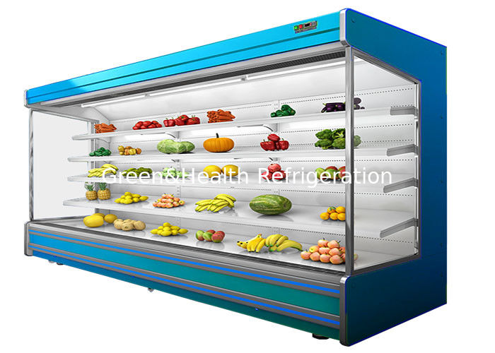 Chiller Multideck Terbuka Komersial 4 Tingkat yang Dapat Disesuaikan dengan Pendingin Kipas dan Tirai Malam untuk Supermarket