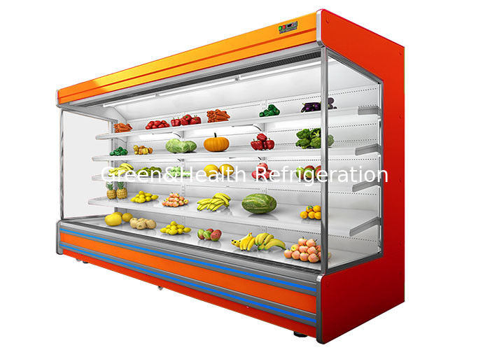 Chiller Multideck Terbuka Komersial 4 Tingkat yang Dapat Disesuaikan dengan Pendingin Kipas dan Tirai Malam untuk Supermarket