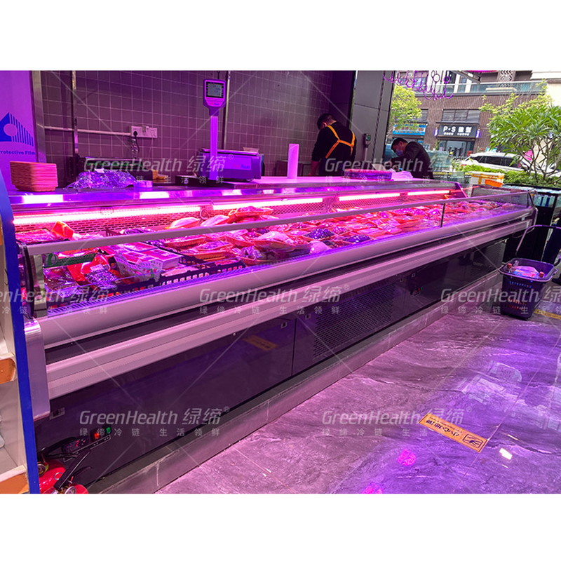 LED Light Meat Display Freezer Baja tahan karat Interior Otomatis Defrost -2 ~ 8 C