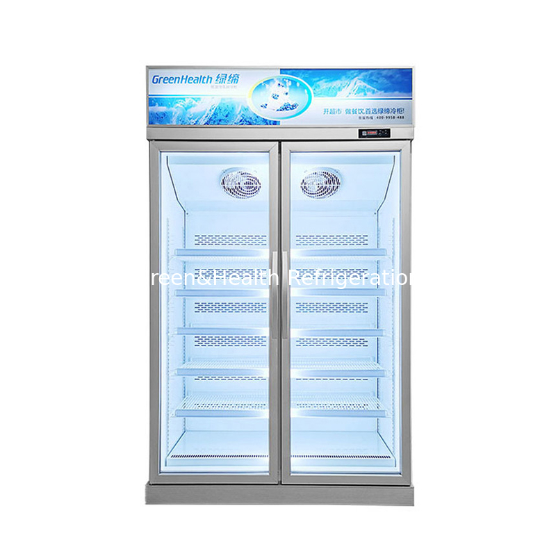 Rantai toko rak yang dapat disesuaikan 2 pintu kaca freezer untuk makanan beku dengan pendingin kipas