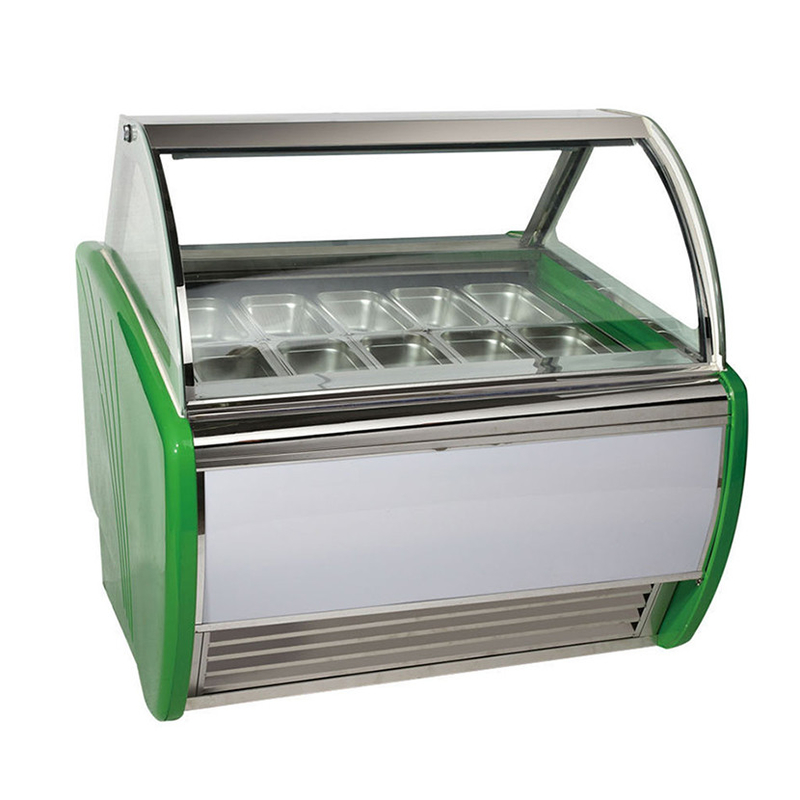 Showcase Kesehatan Hijau 12 Pan Ice Cream Freezer Untuk Snack Shop CE Rohs