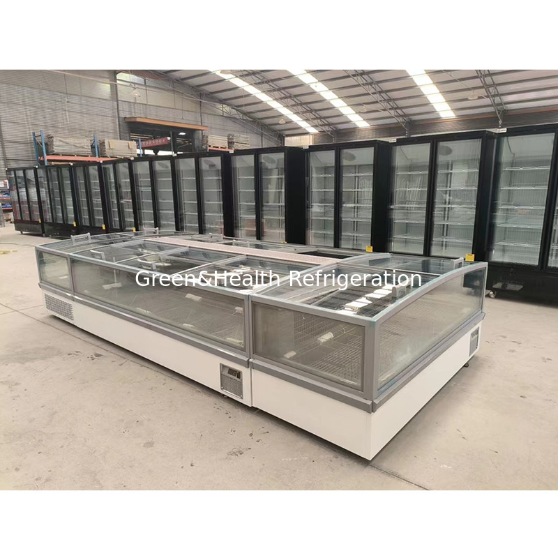 Lemari Tampilan Kaca Jendela Besar Supermarket Pulau Freezer Dengan Aluminium Inner Embossed