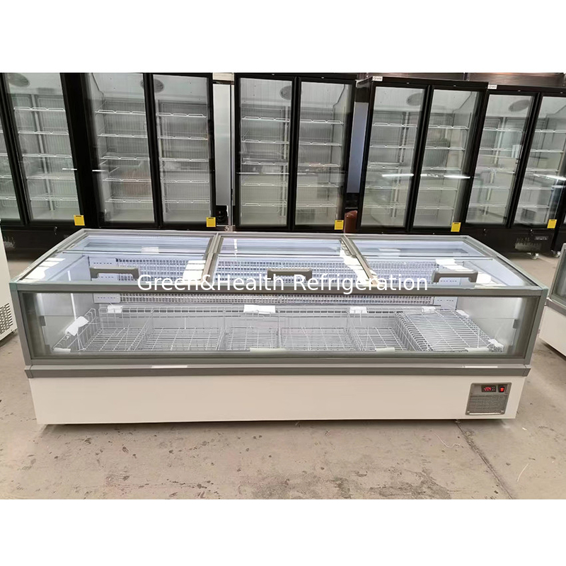 Lemari Tampilan Kaca Jendela Besar Supermarket Pulau Freezer Dengan Aluminium Inner Embossed