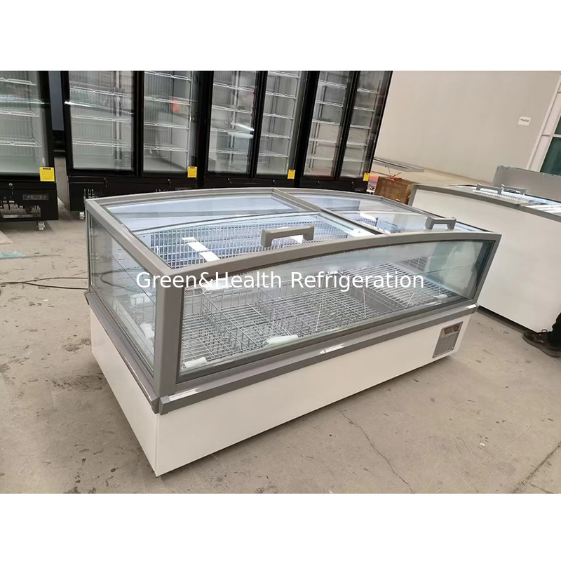 Lemari Tampilan Kaca Jendela Besar Supermarket Pulau Freezer Dengan Aluminium Inner Embossed