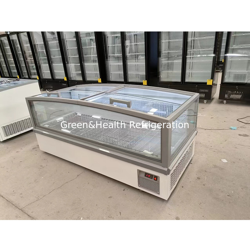 Lemari Tampilan Kaca Jendela Besar Supermarket Pulau Freezer Dengan Aluminium Inner Embossed