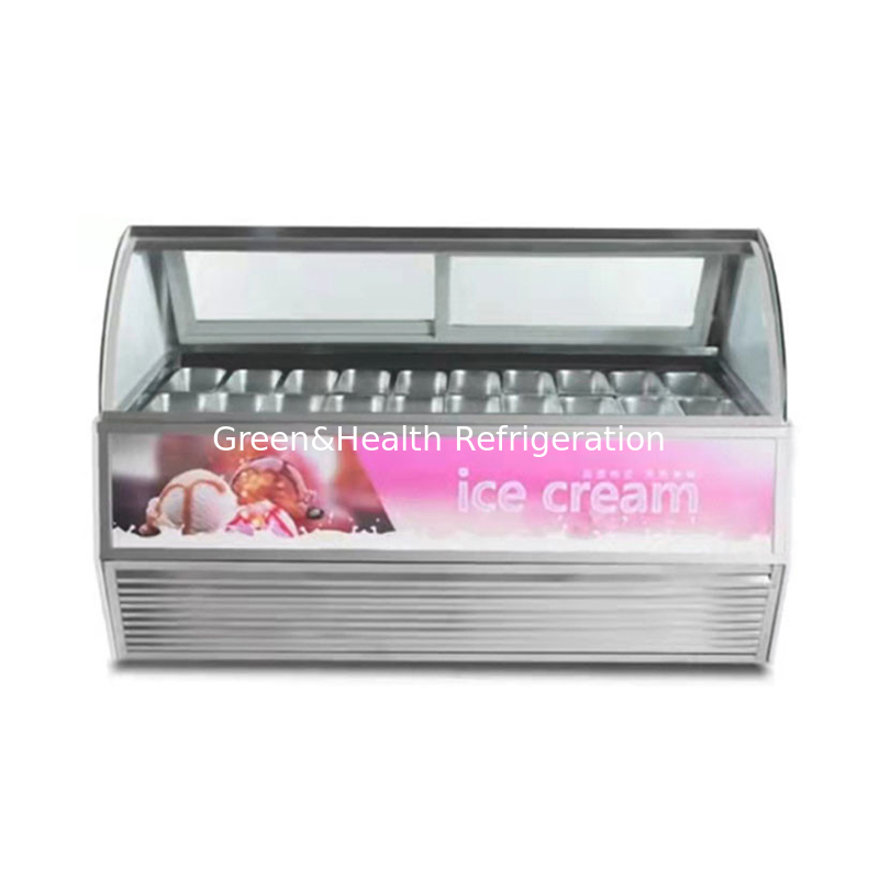 Tampilan es krim stainless steel Showcase dengan jumlah pan yang disesuaikan dan pintu geser