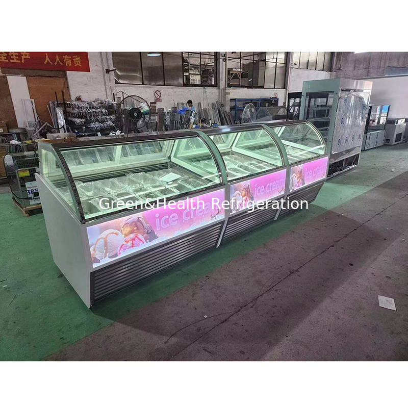 Tampilan es krim stainless steel Showcase dengan jumlah pan yang disesuaikan dan pintu geser