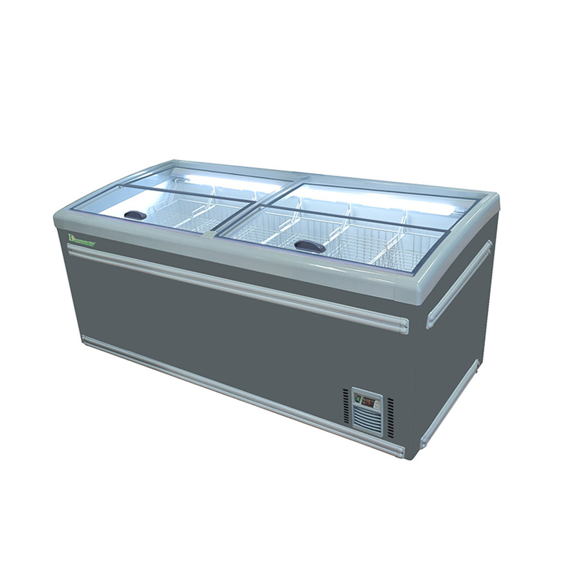 Top Sliding Door Supermarket Pulau Freezer dengan Lampu Interior Aluminium