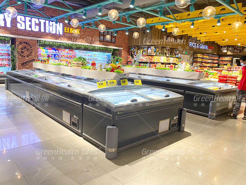 8 Ft Supermarket Besar Pulau Tampilan Pintu Kaca Geser Freezer Untuk Penyimpanan Ayam