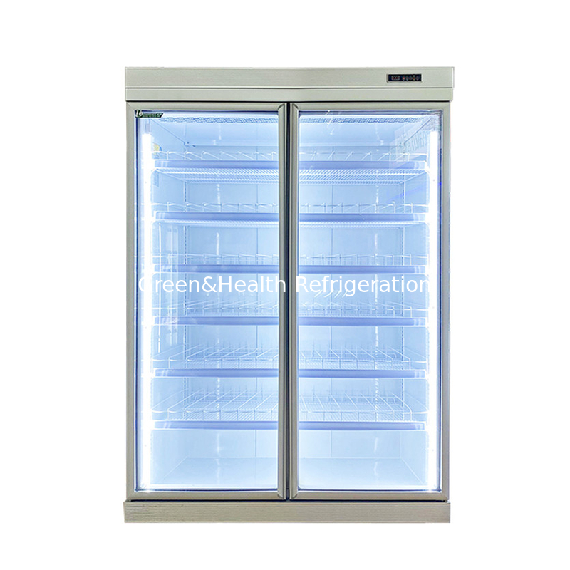 Komersial -18C Self-tercakup vertikal tampilan pintu kaca Freezer Untuk makanan beku