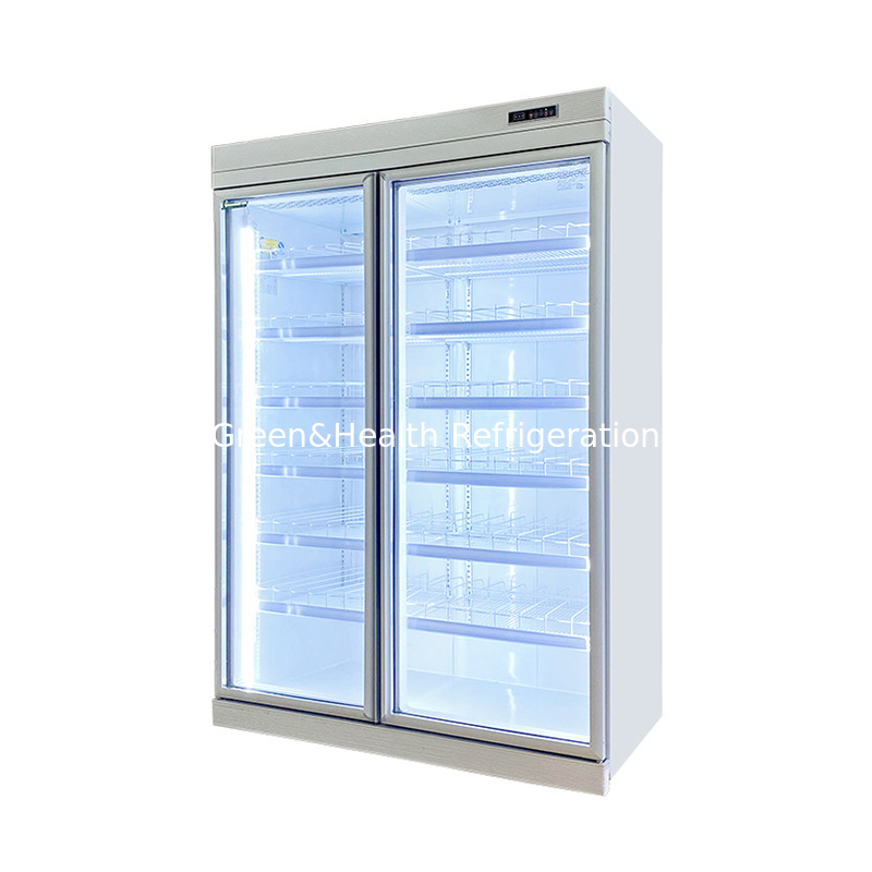 Komersial -18C Self-tercakup vertikal tampilan pintu kaca Freezer Untuk makanan beku