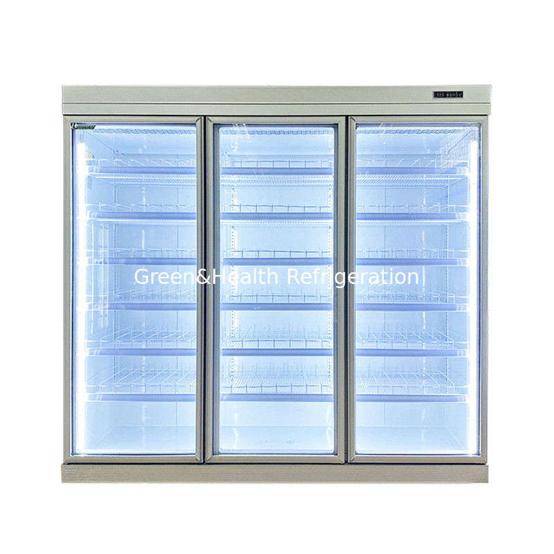 Komersial -18C Self-tercakup vertikal tampilan pintu kaca Freezer Untuk makanan beku