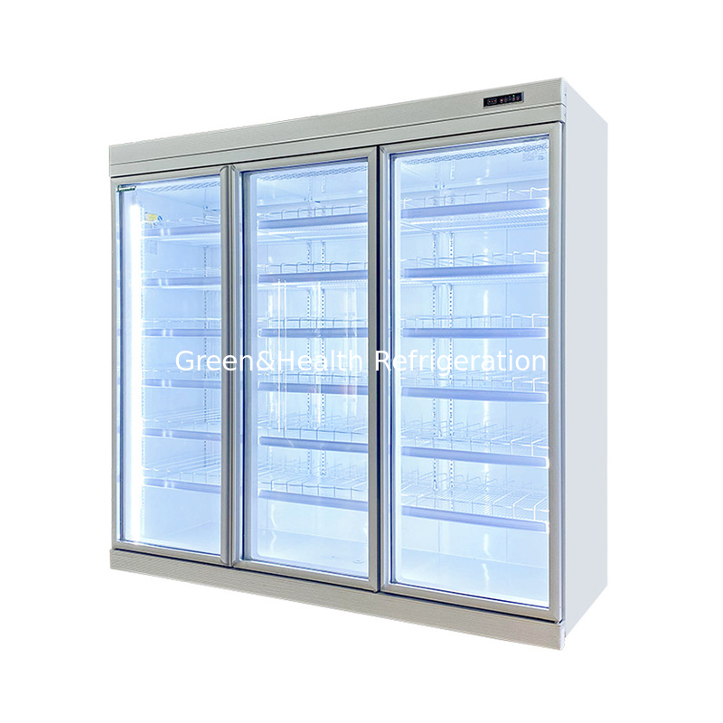 Komersial -18C Self-tercakup vertikal tampilan pintu kaca Freezer Untuk makanan beku