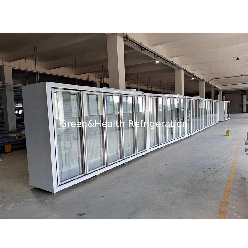 Komersial -18C Self-tercakup vertikal tampilan pintu kaca Freezer Untuk makanan beku