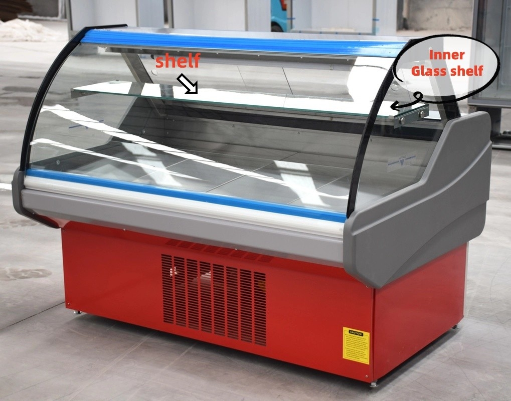 Deli Display Kulkas Daging Segar Showcase Lemari Daging Display Freezer Dengan Kaca melengkung