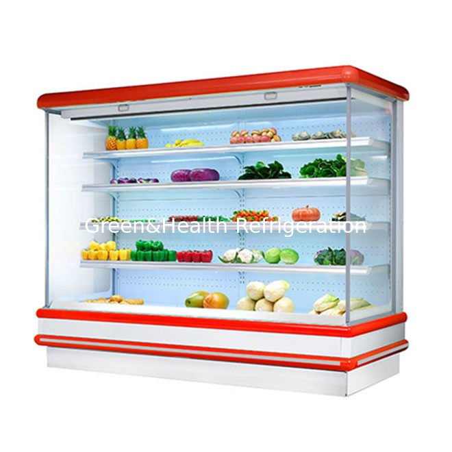Multideck Open Chiller Untuk Supermarket Tampilan Buah LED Cahaya Kaca Freezer