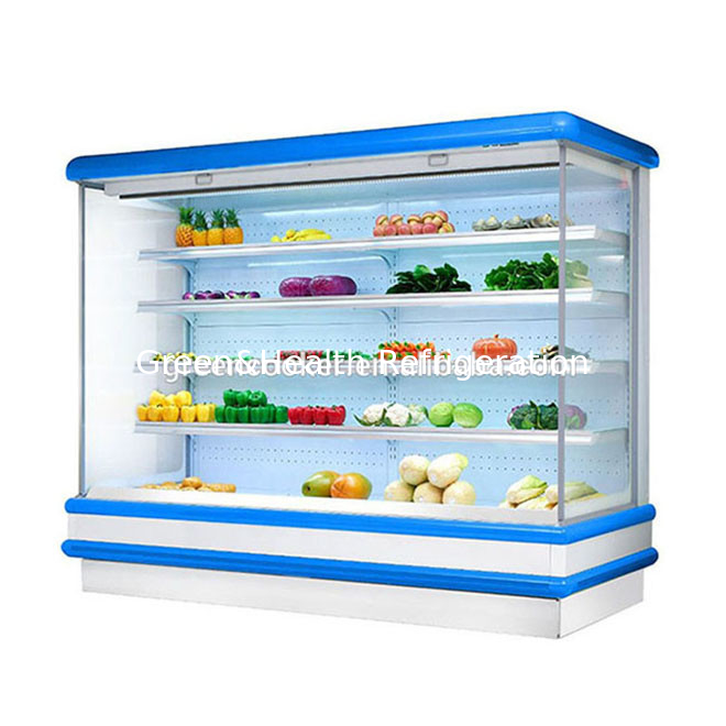 Multideck Open Chiller Untuk Supermarket Tampilan Buah LED Cahaya Kaca Freezer