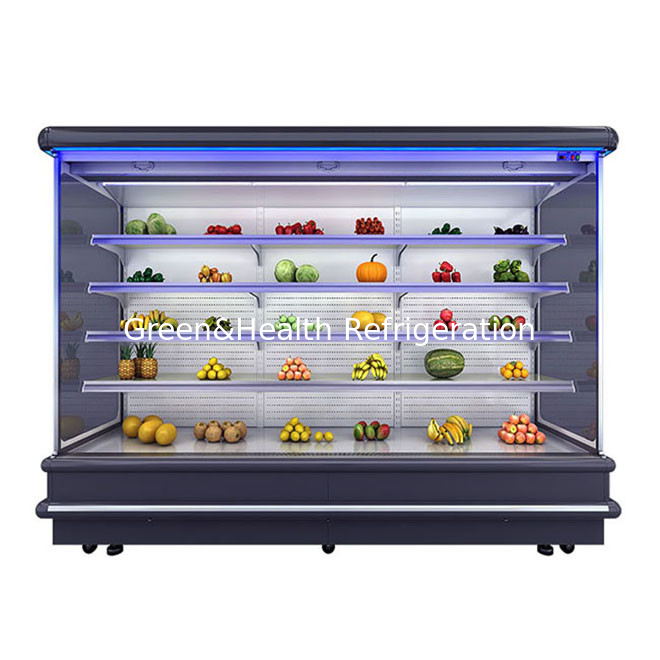 Multideck Open Chiller Untuk Supermarket Tampilan Buah LED Cahaya Kaca Freezer
