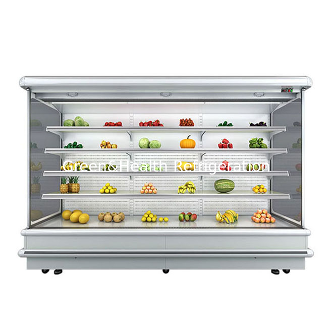 Multideck Open Chiller Untuk Supermarket Tampilan Buah LED Cahaya Kaca Freezer