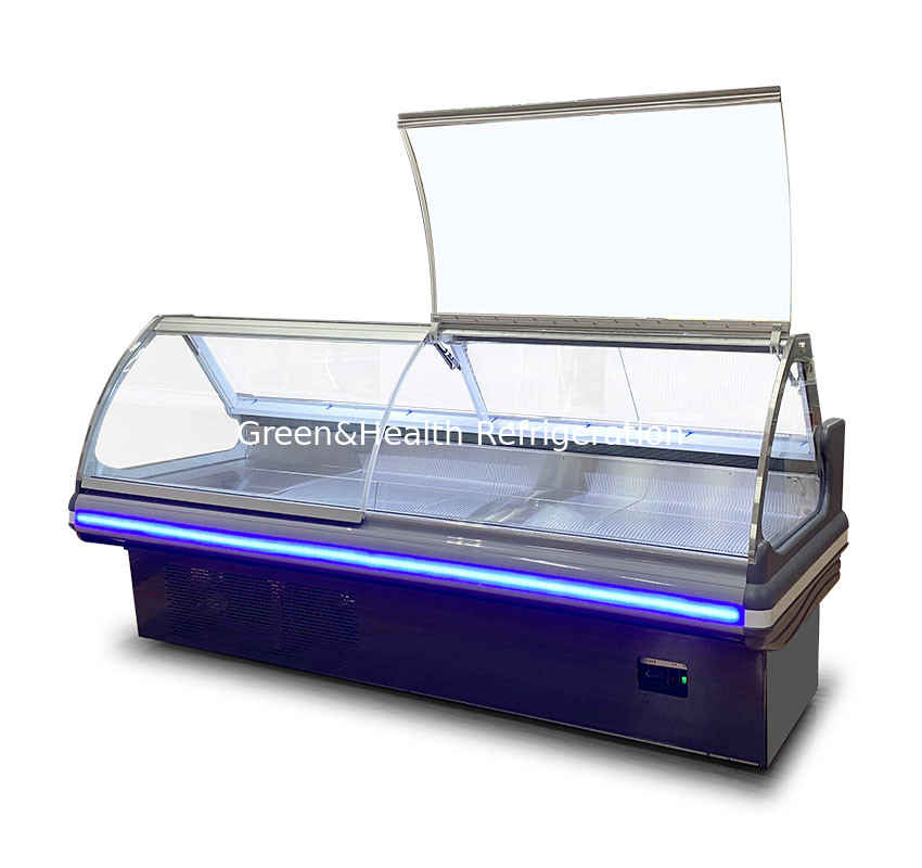 Kaca melengkung Layar penyimpanan komersial horizontal Penyimpanan daging segar Freezer kulkas