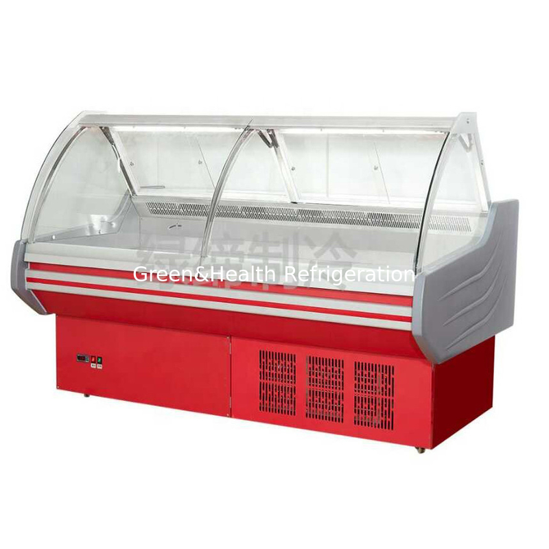 Kaca melengkung Layar penyimpanan komersial horizontal Penyimpanan daging segar Freezer kulkas