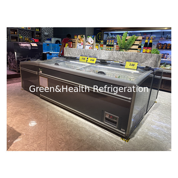 Pabrik penjualan langsung Semi terbuka Pintu geser Kaca stainless steel Barang beku Penyimpanan Pulau Lemari Freezer