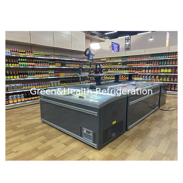 Pabrik penjualan langsung Semi terbuka Pintu geser Kaca stainless steel Barang beku Penyimpanan Pulau Lemari Freezer