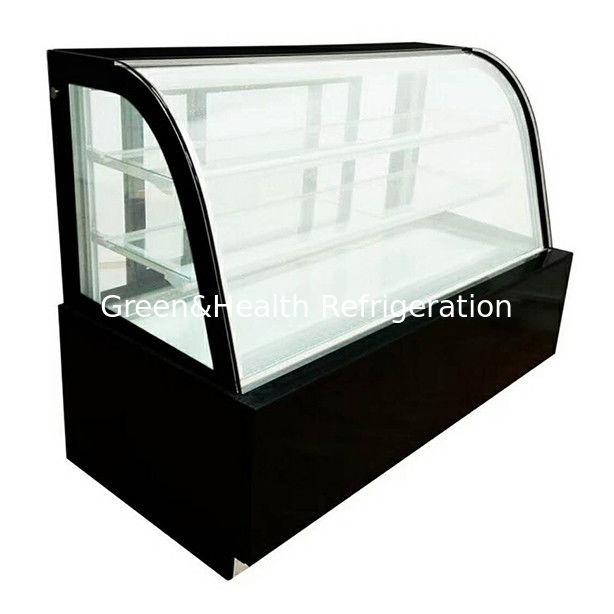 Freezer tampilan kue stainless steel kaca melengkung dengan beberapa rak untuk penggunaan komersial