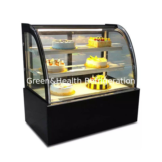 Freezer tampilan kue stainless steel kaca melengkung dengan beberapa rak untuk penggunaan komersial