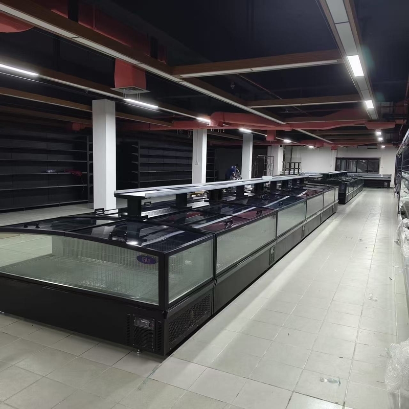 -18-22°C R290 Modular Plug-In Ventilated Island Freezer dengan Ultra-Large Curved Glass Display