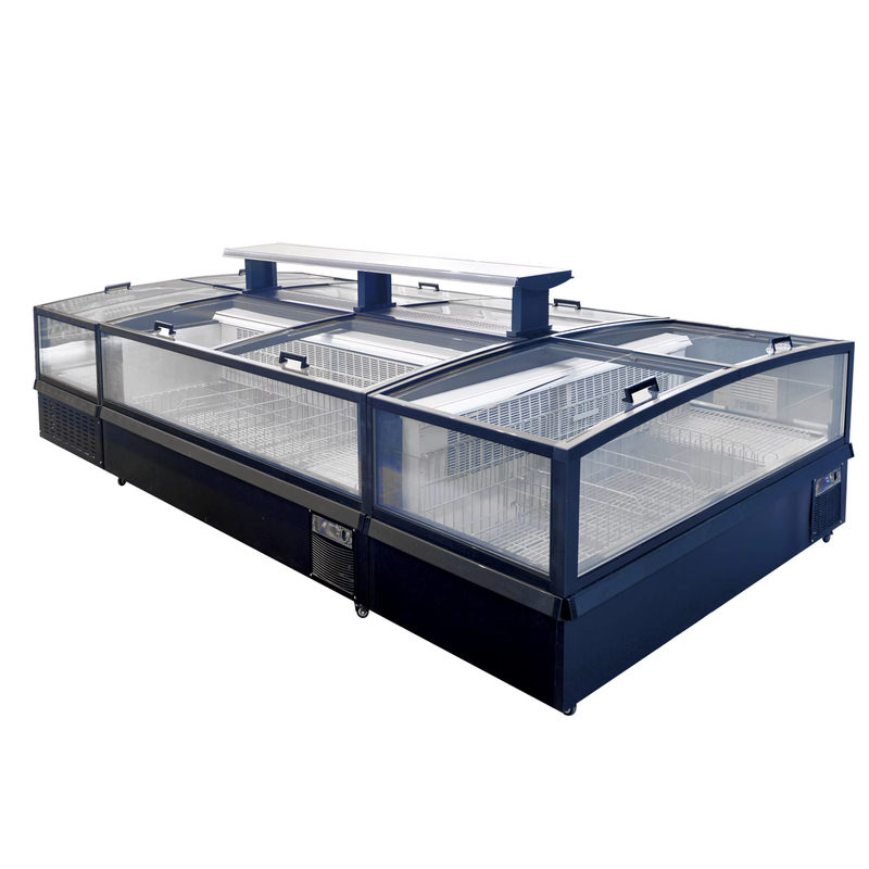 -18-22°C R290 Modular Plug-In Ventilated Island Freezer dengan Ultra-Large Curved Glass Display