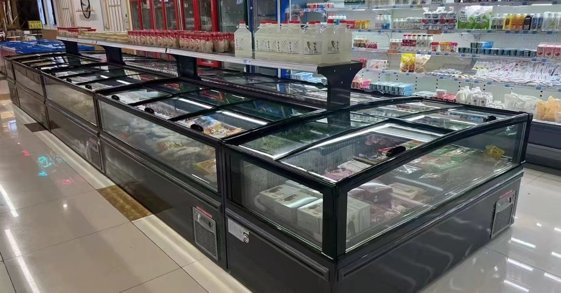 -18-22°C R290 Modular Plug-In Ventilated Island Freezer dengan Ultra-Large Curved Glass Display