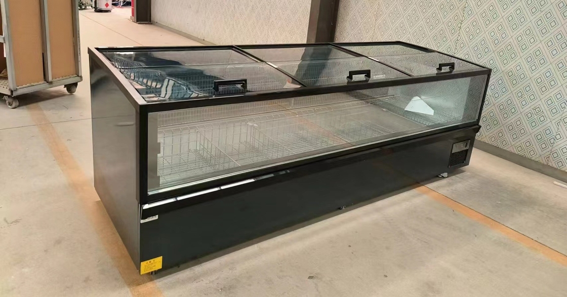 -18-22°C R290 Modular Plug-In Ventilated Island Freezer dengan Ultra-Large Curved Glass Display