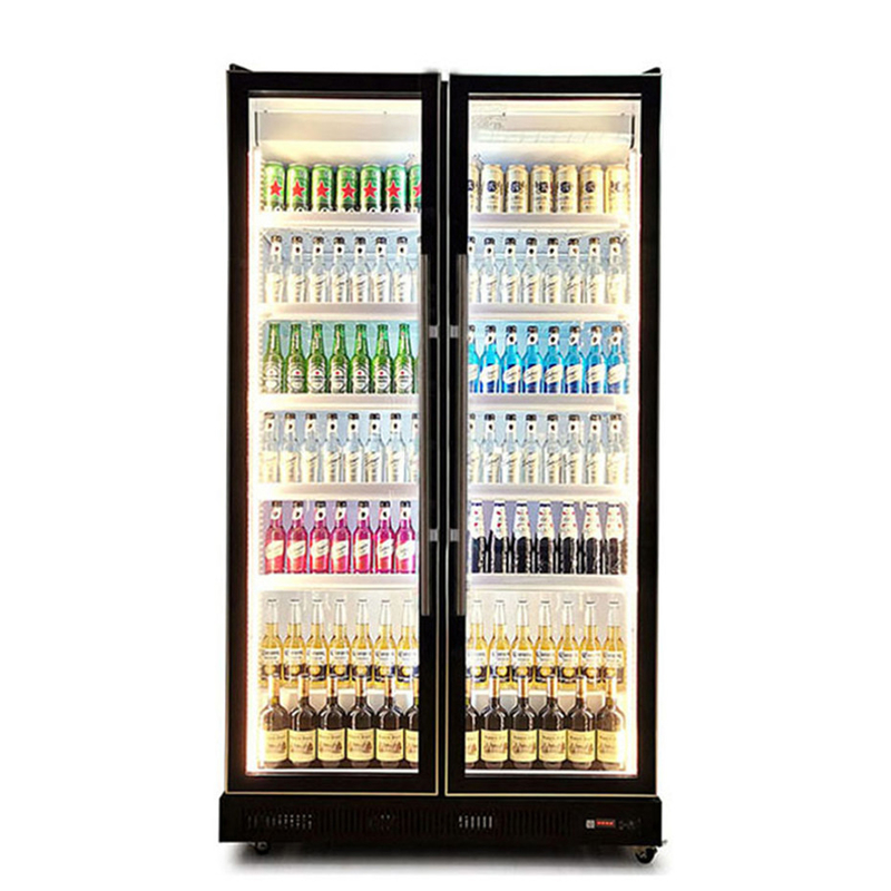 Supermarket Komersial Dua Pintu Kaca Lampu LED Berbilang Disposisi Minuman Freezer