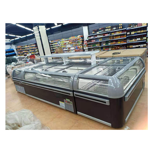 Komersial Supermarket Besar Pintu Geser Horisontal Kualitas Tinggi Pemandangan Kulkas Pulau Lemari Freezer