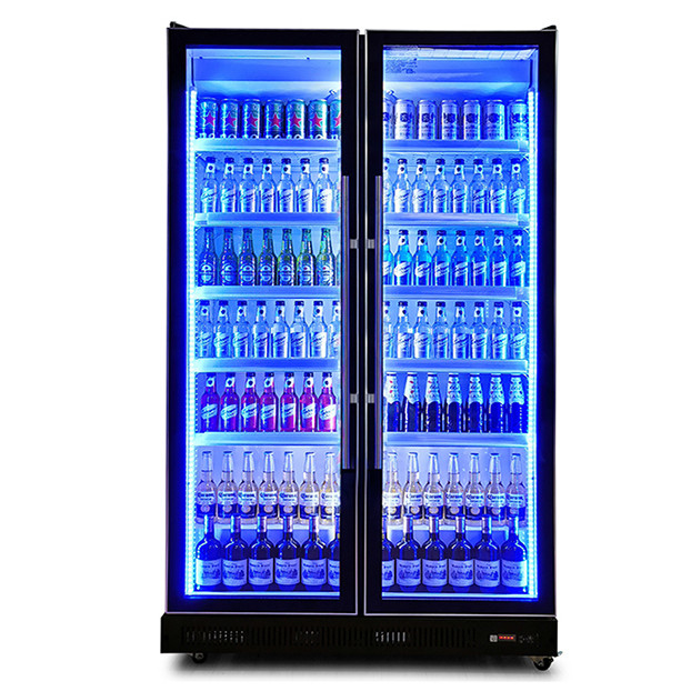Dua Pintu Kaca Komersial Lampu LED Multiple Minuman / Minuman Kering Pemandangan Kulkas