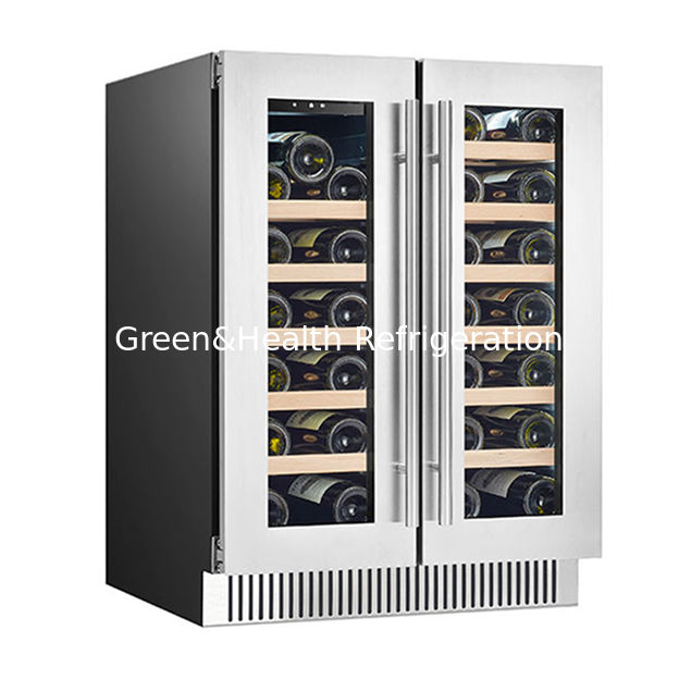 Sertifikat ETL 68 Botol Dua Pintu Kaca Dua Zona Suhu Independen Rak Kayu Oak Penyimpanan Anggur Merah Pendinginan