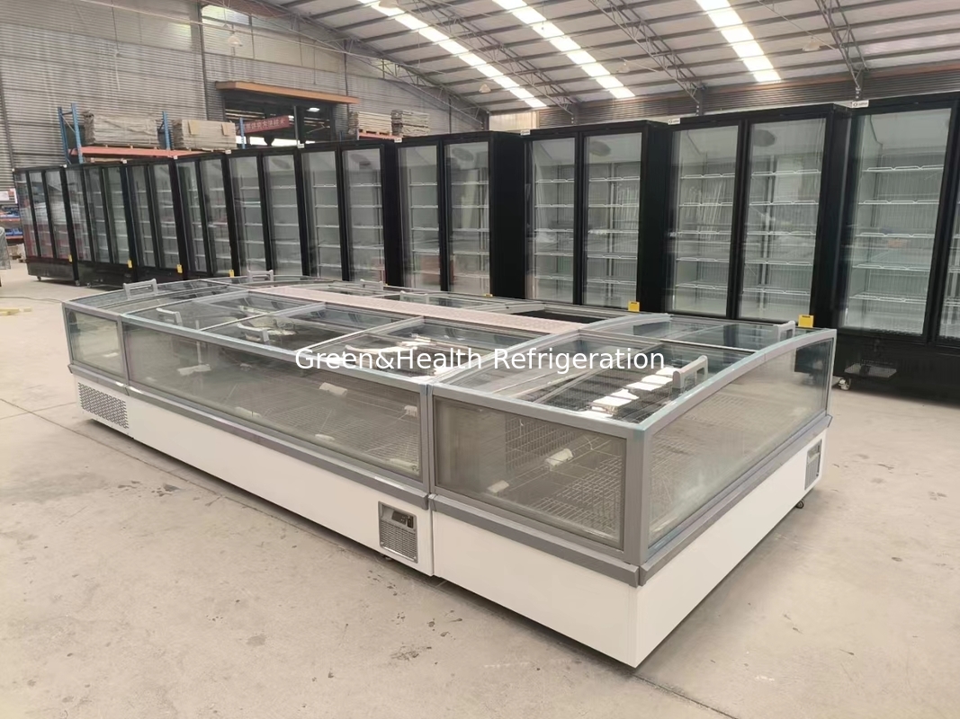 Kulkas Freezer Pulau Supermarket Kaca Panorama Freezer Pulau Auto-Defrost Dengan Pencahayaan LED