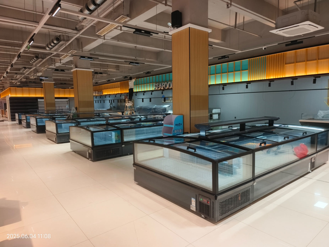 Supermarket Island Freezer Freeze-Free Deep Freezer Untuk Daging Dengan Lampu LED