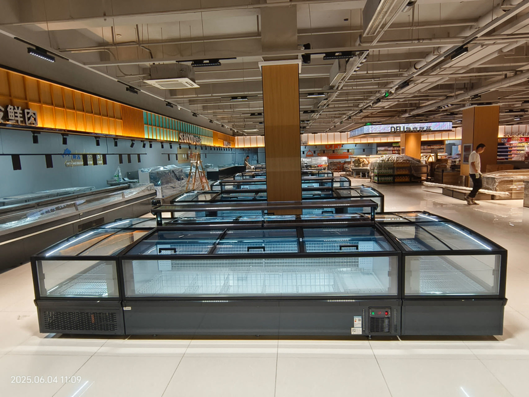Supermarket Island Freezer Freeze-Free Deep Freezer Untuk Daging Dengan Lampu LED