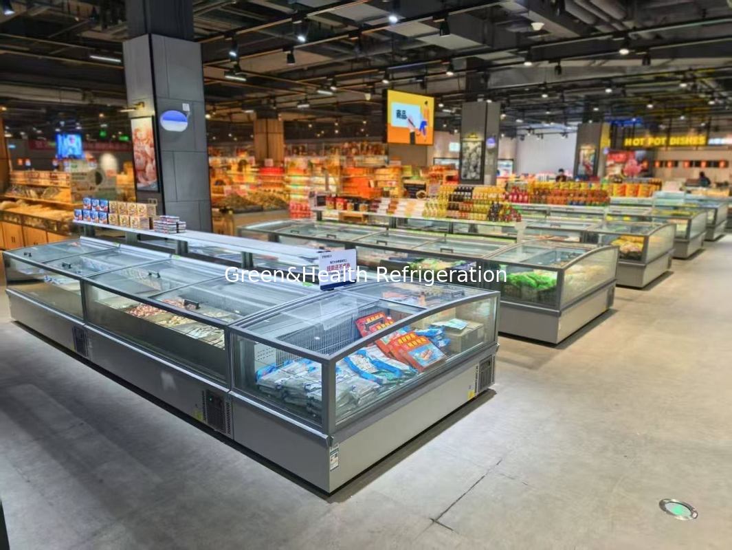 Pintu Kaca Panoramic Supermarket Pulau Freezer Kapasitas besar Chest Freezer Untuk Tampilan Makanan Beku