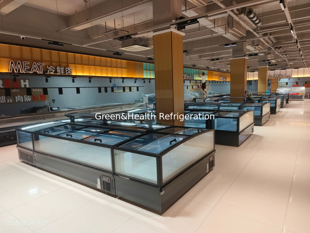 Kulkas Freezer Pulau Supermarket Kaca Panorama Freezer Pulau Auto-Defrost Dengan Pencahayaan LED