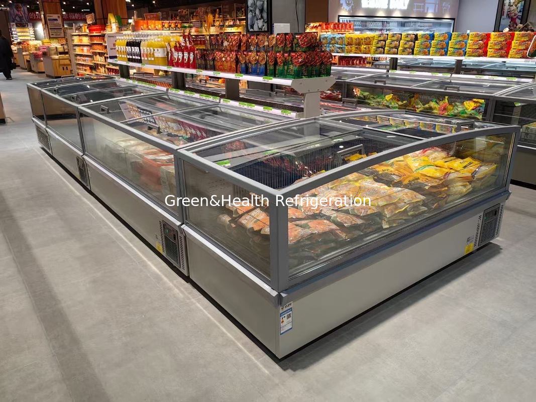 Pintu Kaca Panoramic Supermarket Pulau Freezer Kapasitas besar Chest Freezer Untuk Tampilan Makanan Beku