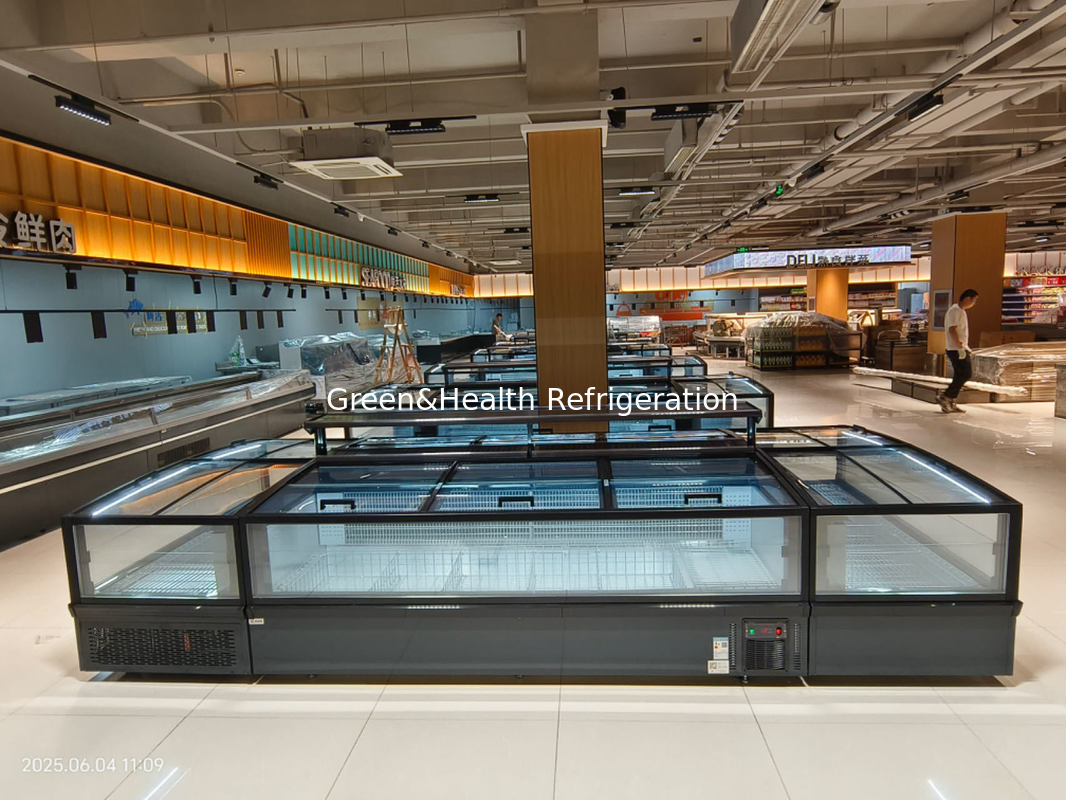 Pintu Kaca Panoramic Supermarket Pulau Freezer Kapasitas besar Chest Freezer Untuk Tampilan Makanan Beku