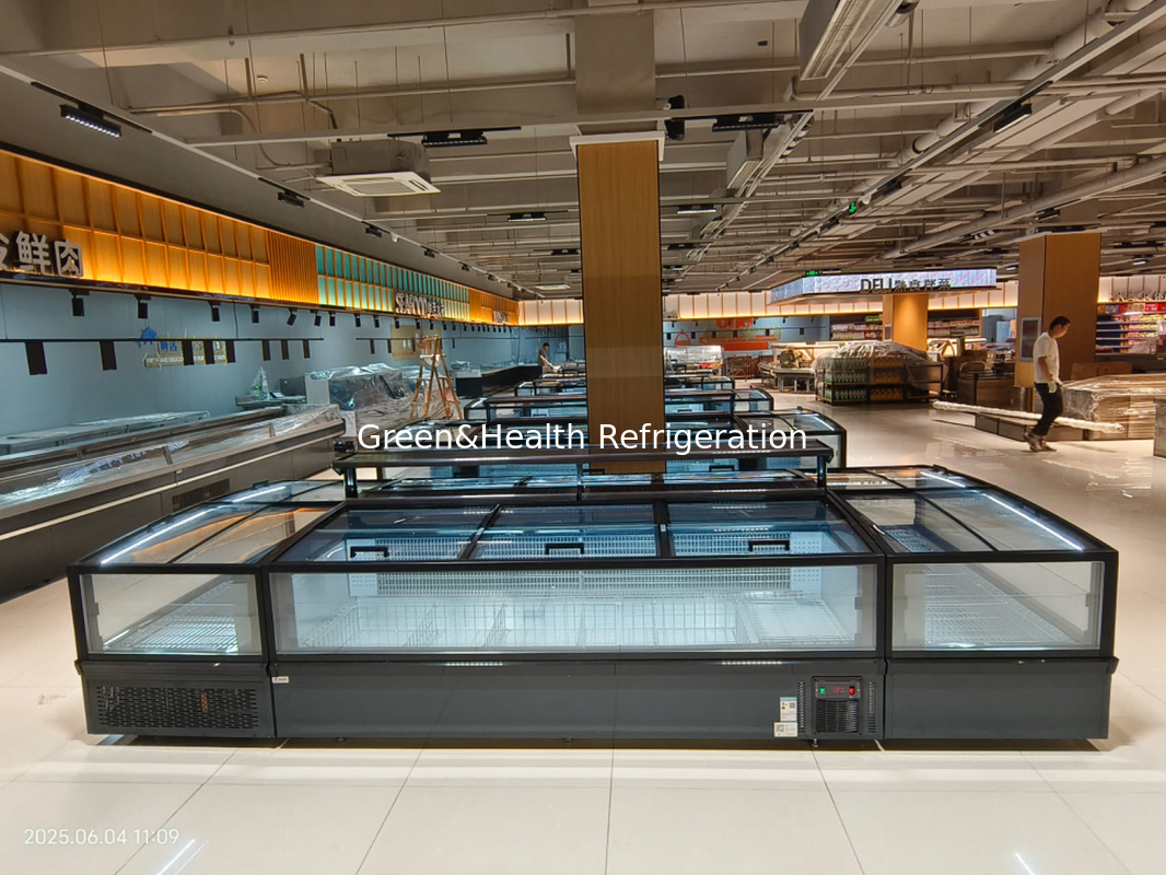 Kulkas Freezer Pulau Supermarket Kaca Panorama Freezer Pulau Auto-Defrost Dengan Pencahayaan LED